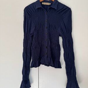 Bee & Alpaca Long Sleeve Cinch Navy Blue Top Size Large Button Down